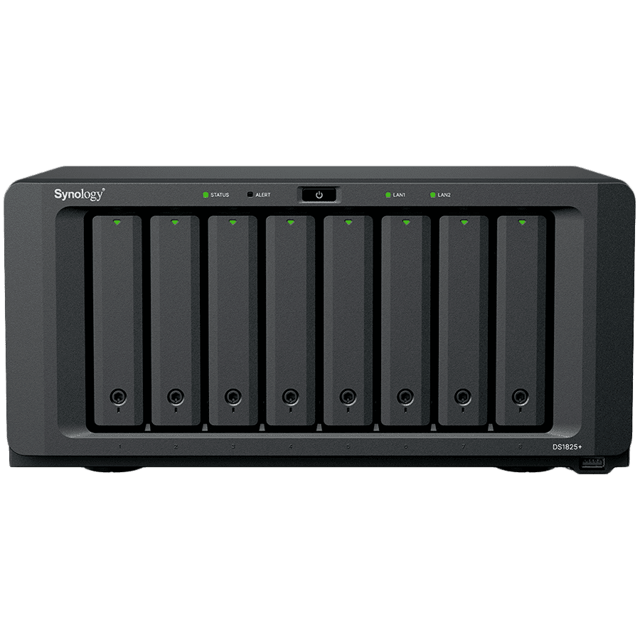 Synology DiskStation DS1825+, Tower, 8-BAY 3.5'' SATA HDD/SSD,  2xM.2 2280 NVMe SSD, CPU AMD Ryzen Quad-Core 2.2 GHz, 8GB DDR4, 2xRJ-45 2.5GbE LAN Port, 3xUSB 3.2, 2 x USB-C expansion ports (Expandable to 18 Bays with 2 x DX525), 1xGen3 x8 PCIe,3y