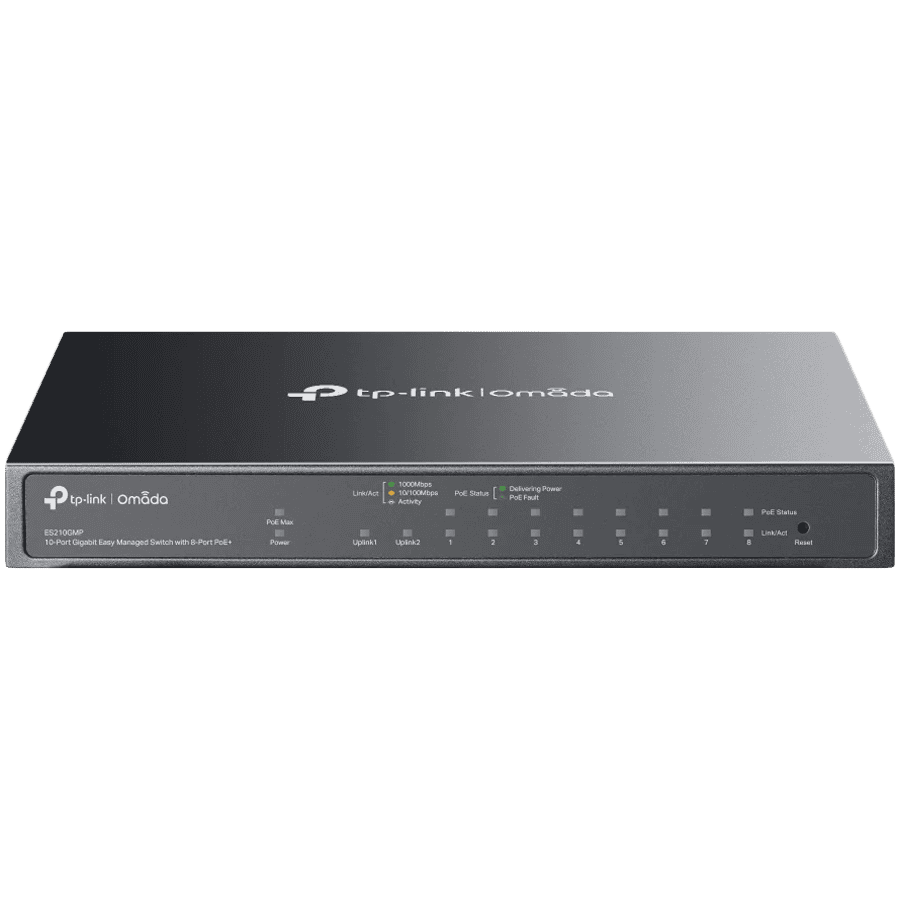Omada 10-Port Gigabit Easy Managed Switch with 8-Port PoE+ 8× Gigabit PoE+ Ports, 1x Gigabit Non-PoE Ports, 1× Combo Gigabit RJ45/SFP Port 802.3at/af, 123 W PoE Power,  Desktop Steel Case and Fanless Integration with Omada SDN Controller
