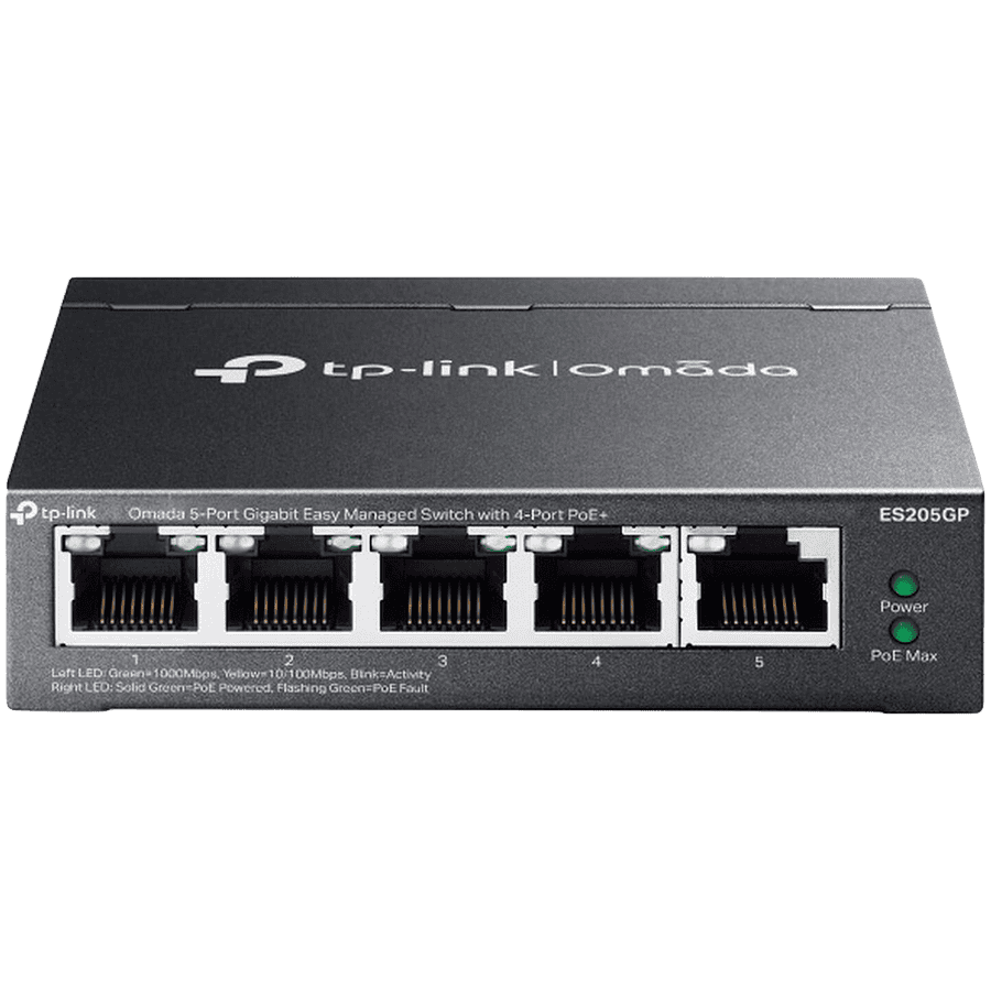 Omada 5-Port Gigabit Easy Managed Switch with 4-Port PoE+ 4× Gigabit PoE+ Ports, 1× Gigabit Non-PoE Ports 802.3at/af, 65 W PoE Power, Desktop Steel Case and Fanless Integration with Omada SDN Controller