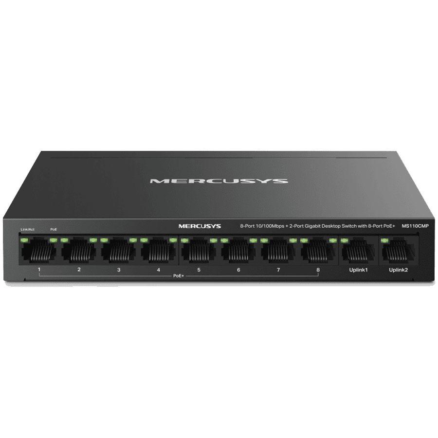 Mercusys MS110CMP 10-Port 10/100Mbps Desktop Switch with 8-Port PoE+, 8 x 10/100 Mbps PoE+ Ports, 2 x Gigabit non-PoE Ports, 115 W PoE Power, Increases PoE transmission distance to 250m by Extend Mode, PoE Auto Recovery, Isolation mode, Metal casing