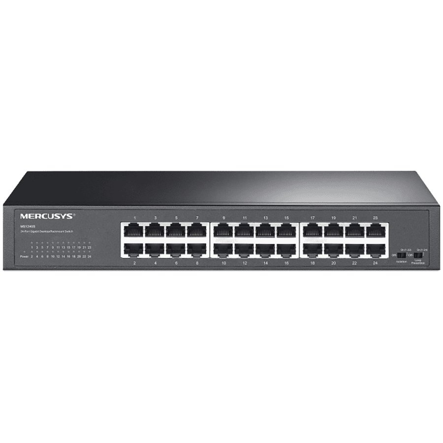 Mercusys MS124GS 24-Port Gigabit Desktop/Rackmount Switch, 24x Gigabit RJ45 Ports, 1U 13-inch Rack-mountable Steel Case, Isolation Mode,Loop Prevention,Plug and Play