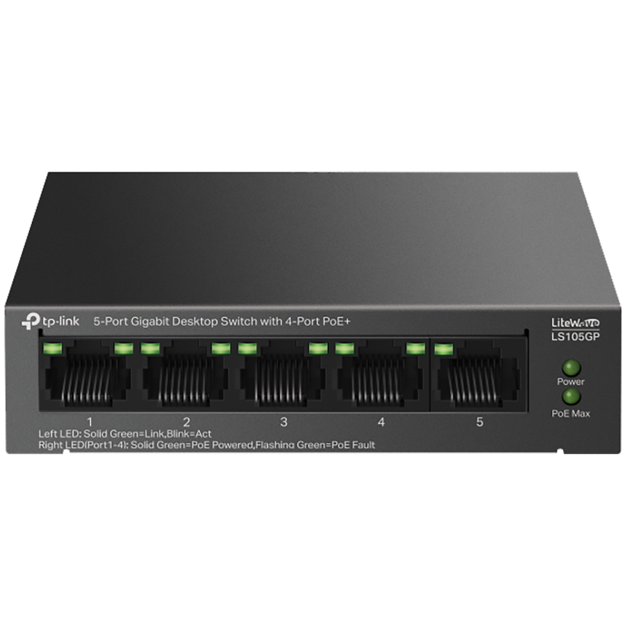 TP-Link LS105GP 5-Port Gigabit Desktop Switch with  4-Port PoE+, 4x Gigabit PoE+ Ports, 1x Gigabit Non-PoE Port, 802.3af/at, 65 W PoE Power, Desktop Steel Case, Extend Mode for 250m PoE Transmitting, PoE Auto Recovery, Plug and Play