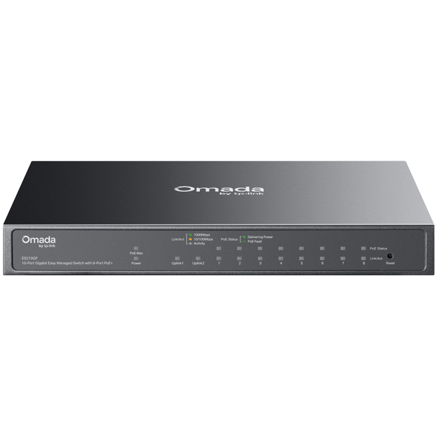 TP-Link ES210GP Omada 10-Port Gigabit Easy Managed Switch with 8-Port PoE+, 8x Gigabit PoE+ Ports, 1x Gigabit Non-PoE Ports, 1x Combo Gigabit RJ45/SFP Port, 63 W PoE Power,  Desktop Steel Case and Fanless, Omada App. Flow Control, Loopback Detection
