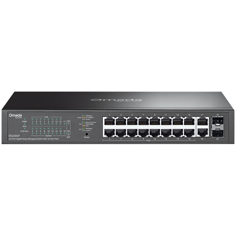 TP-Link ES220GP Omada 20-Port Gigabit Easy Managed Switch with 16-Port PoE+, 16x G PoE+ Ports, 2x G Non-PoE Ports, 2x G SFP Ports, 802.3at/af, 150 W PoE Power, 1U 13-inch Rack-mountable Steel Case and Fanless, Omada app