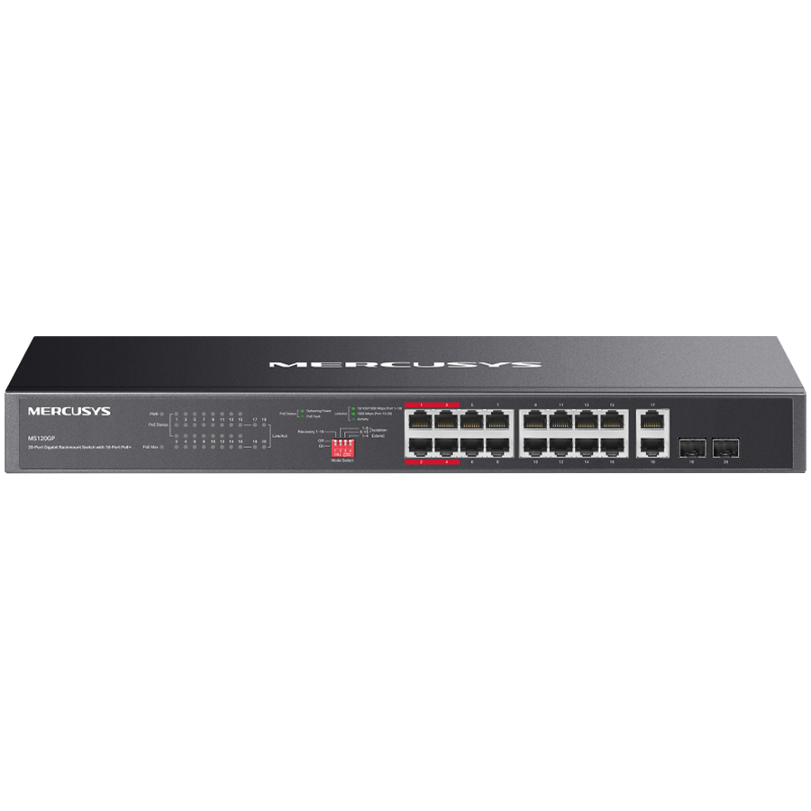 Mercusys MS120GP 20-Port Gigabit Rackmount Switch with 16-Port PoE+, 16x Gigabit PoE+ RJ45 ports, 2x Gigabit non-PoE RJ45 ports, and 2x Gigabit SFP slots, 192W PoE Power, Priority mode, Isolation Mode, PoE Auto Recovery, Plug and Play