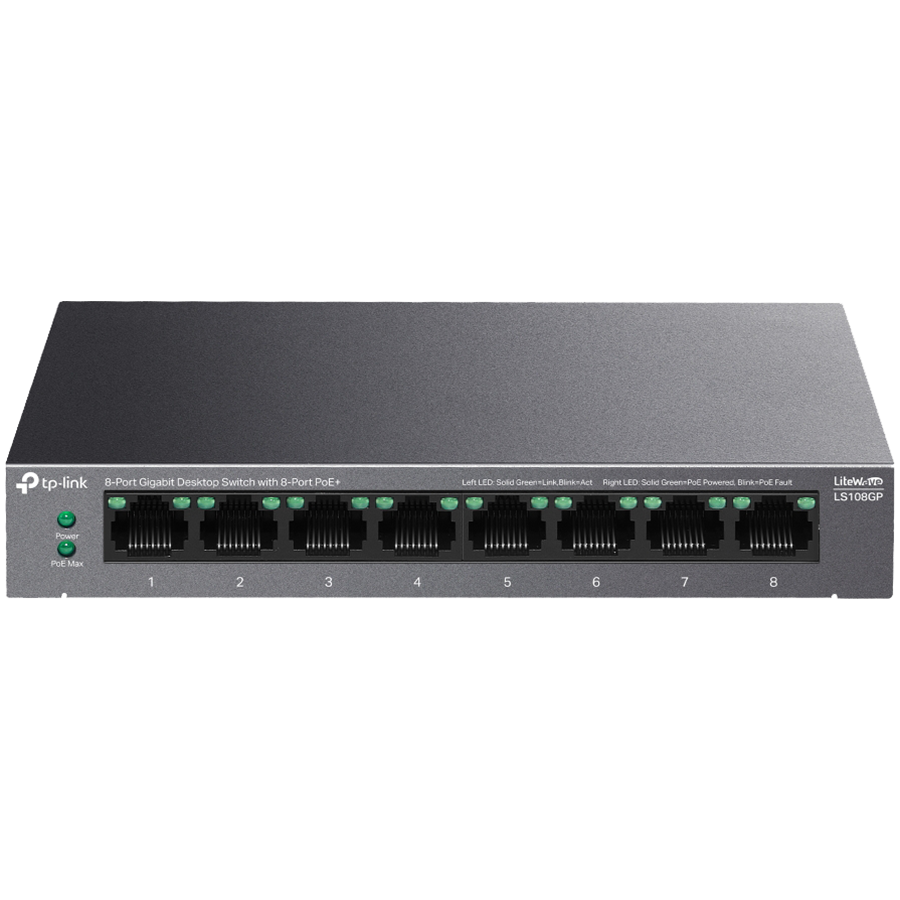 TP-Link LS108GP 8-Port Gigabit Desktop Switch with 8-Port PoE+, 8x Gigabit PoE+ Ports, 62 W PoE Power, Desktop Steel Case, Extend Mode for 250m PoE Transmitting, PoE Auto Recovery, Plug and Play