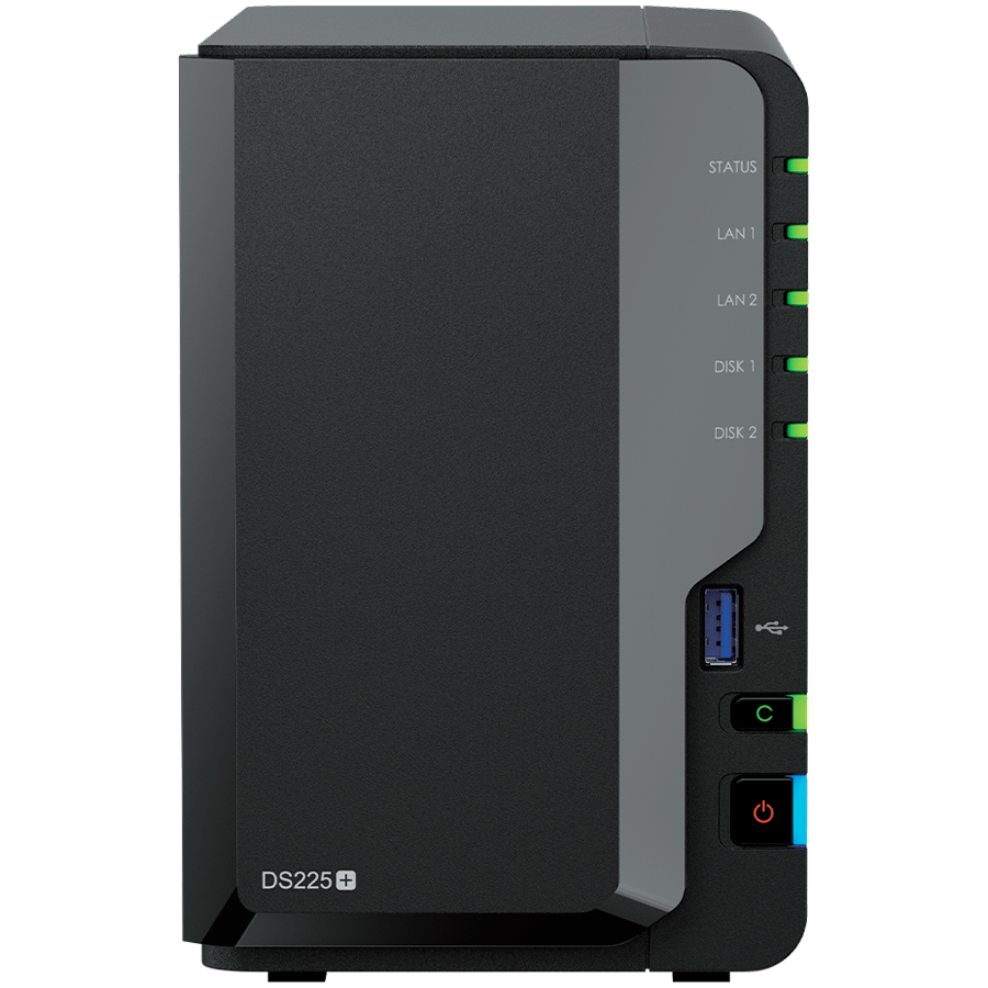 Synology DS225+, Tower, 2-bays 3.5'' SATA HDD/SSD, CPU Inte Celeron J4125 4-core (4-thread) 2.0 GHz, burst up to 2.7 GHz, 2 GB DDR4 non-ECC (expandable up to 6 GB), 1xRJ-45 1GbE LAN, 1xRJ-45 2.5 GbE LAN, 2xUSB 3.2 Gen 1, 1.3 kg, 3yr warranty