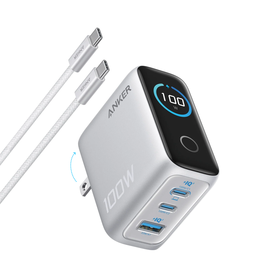 Anker Charger (100W, 3 Ports, Smart Display) Silver