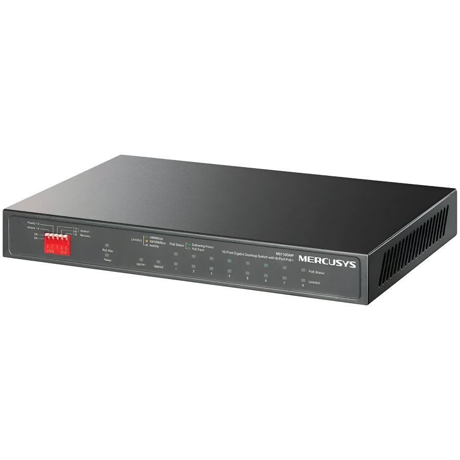 Mercusys MS112GMP 12-Port Gigabit Desktop Switch with 8-Port PoE+,  8x G PoE+ Ports, 2x G Non-PoE Ports, 2x G SFP Slots, 110 W PoE Power, Desktop Steel Case, Wall Mounting,  Extend Mode for 250m PoE Transmitting, Priority Port 1-2, Isolation Mode