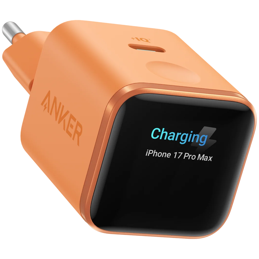 Anker Nano Charger (45W, Smart Display) Orange, Smart iPhone Recognition With Care Mode, 45W Max Fast Charging with Smart Power Adjustment, Pocket Size, Powered by GaN