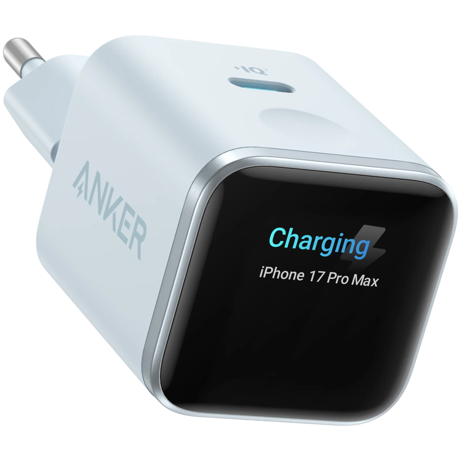 Anker Nano Charger (45W, Smart Display) Blue, Smart iPhone Recognition With Care Mode, 45W Max Fast Charging with Smart Power Adjustment, Pocket Size, Powered by GaN